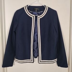 Talbots Petite Women's 12P Open Blazer Jacket Navy Blue White Trim Lined Pockets